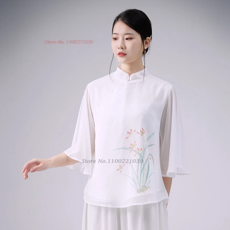 

2024 chinese vintage chiffon blouse national flower print improved hanfu tops traditional tea service blouse retro streetwear