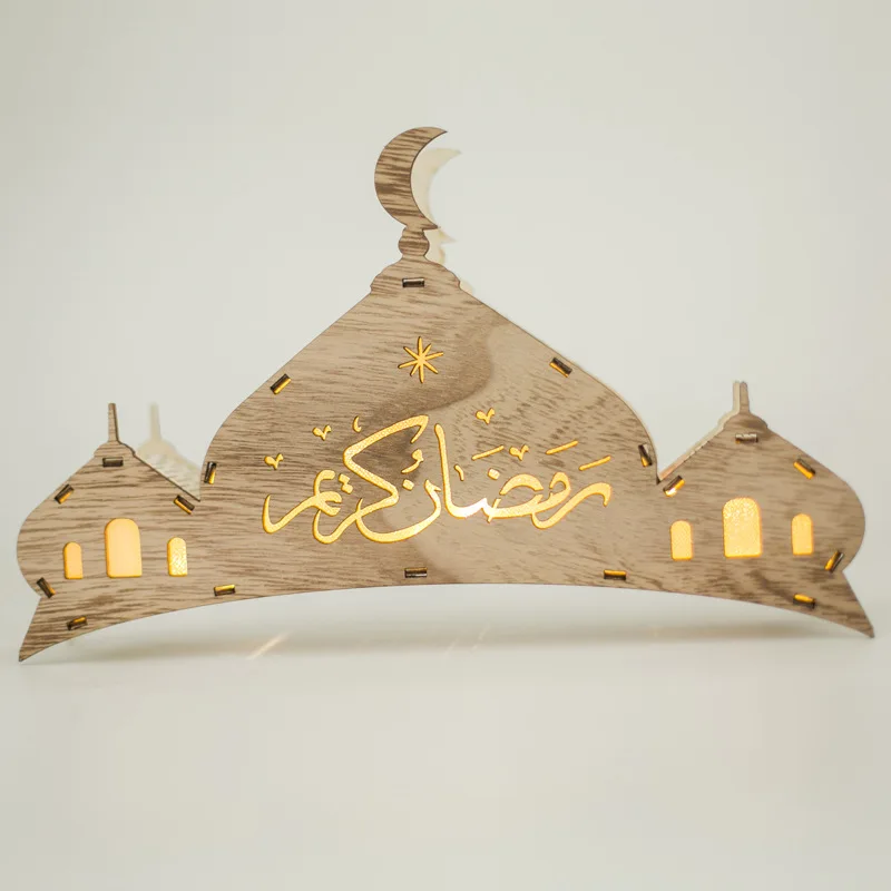 Crafts Night Light Ramadan Mubarak Wooden Mosque Shape LED Light Decoration Ornament for Muslims Ramadan Islamic Table Decor