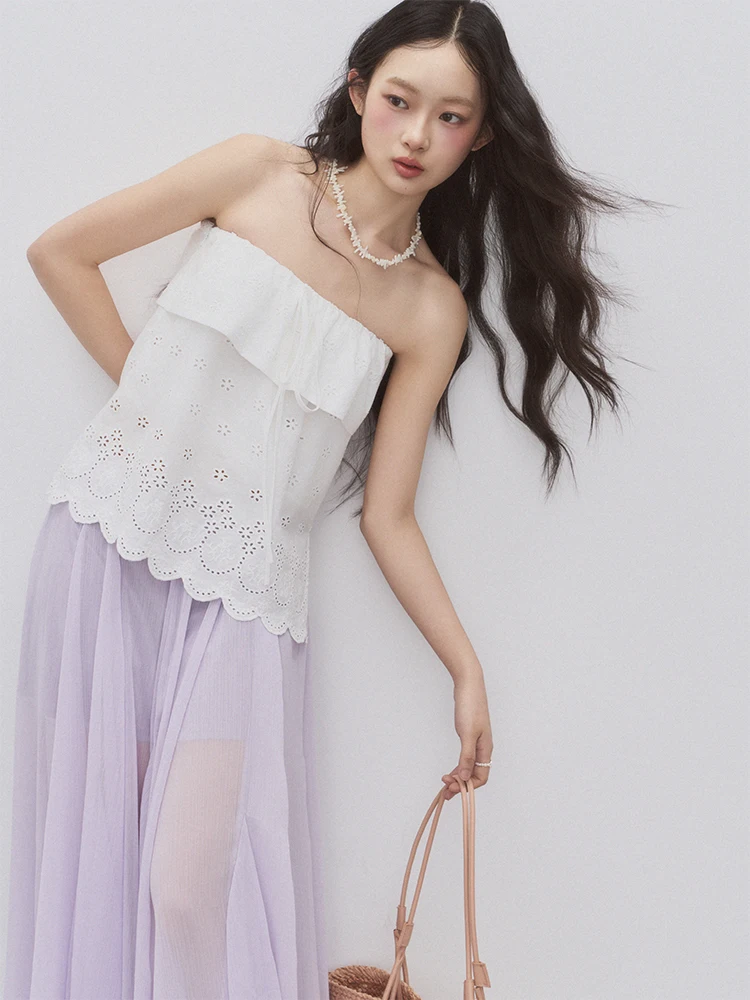 

Andasaya Cotton Lace Trim ter Ne Design Versatile Vest Embroidered White Top Women's Commute Sle Pure Cotton Blend