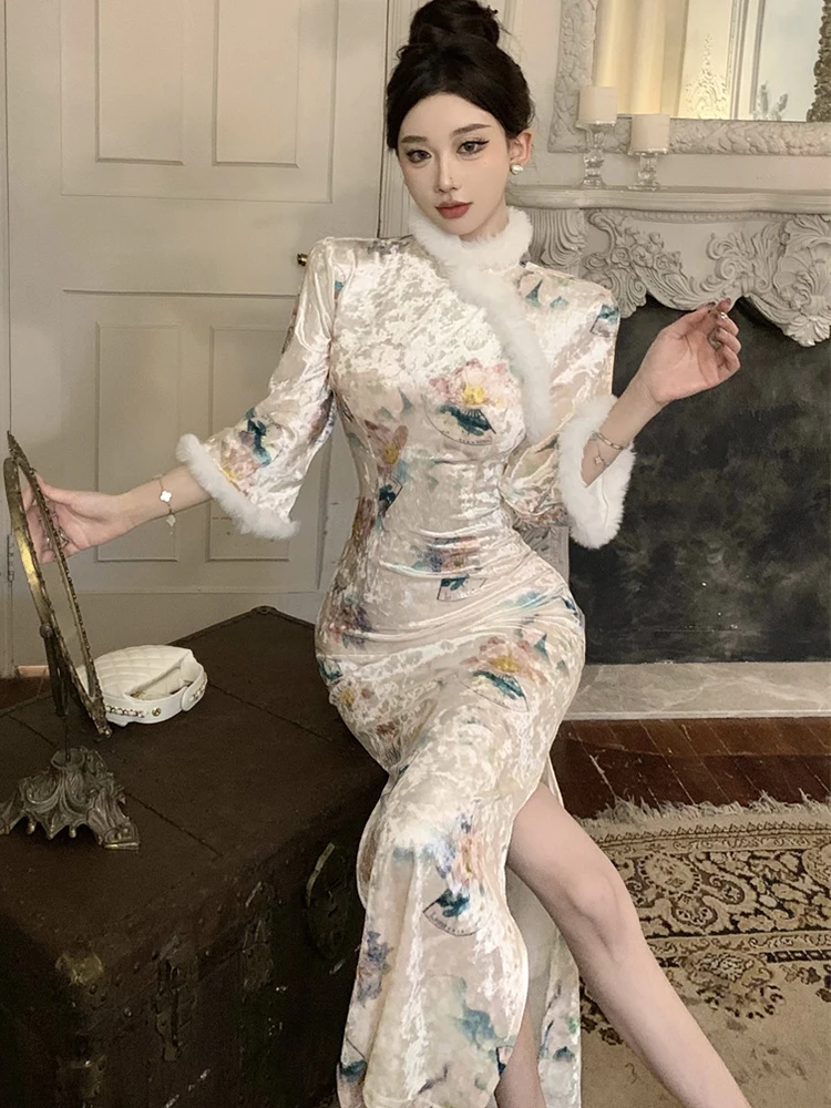 Robe longue en velours à fleurs, col Faux, élégante, coréenne, moulante, robe de bal, mode luxe, Festival, automne hiver 2025