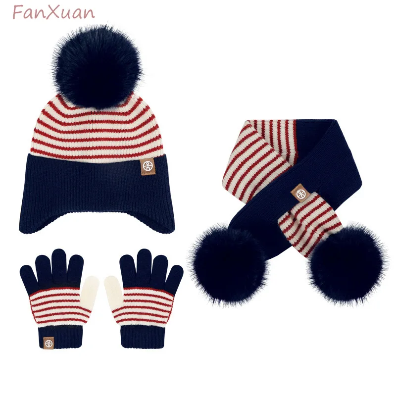 

children winter hats set 3pcs scarf gloves knitting striped big pompom girls boys beanies with ear muffs yellow navy blue pink