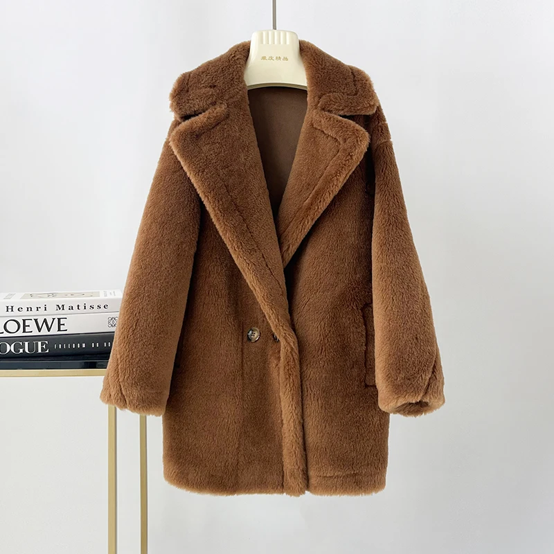 Mホーム フルウール テディベア スレアリングコート レディース ミドル丈 ルーズ ファー＆レザー インテイテッド アウターウェア 冬用保温