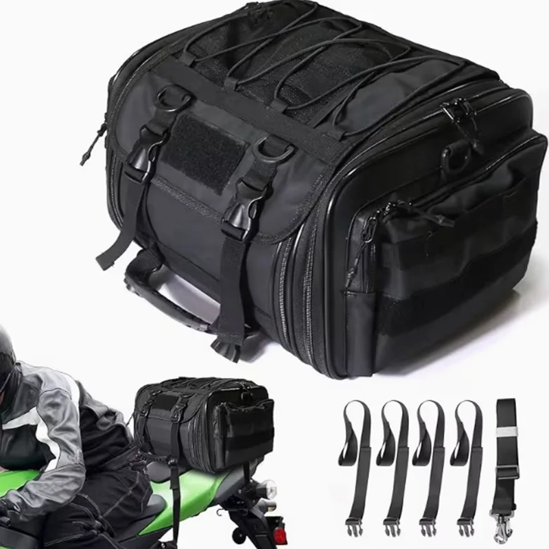 Motorcycle Travel Luggage Rear Tail Bag, Expandable Motorcycle Tail Bag, Saddlebag Storage with Shoulder Strap