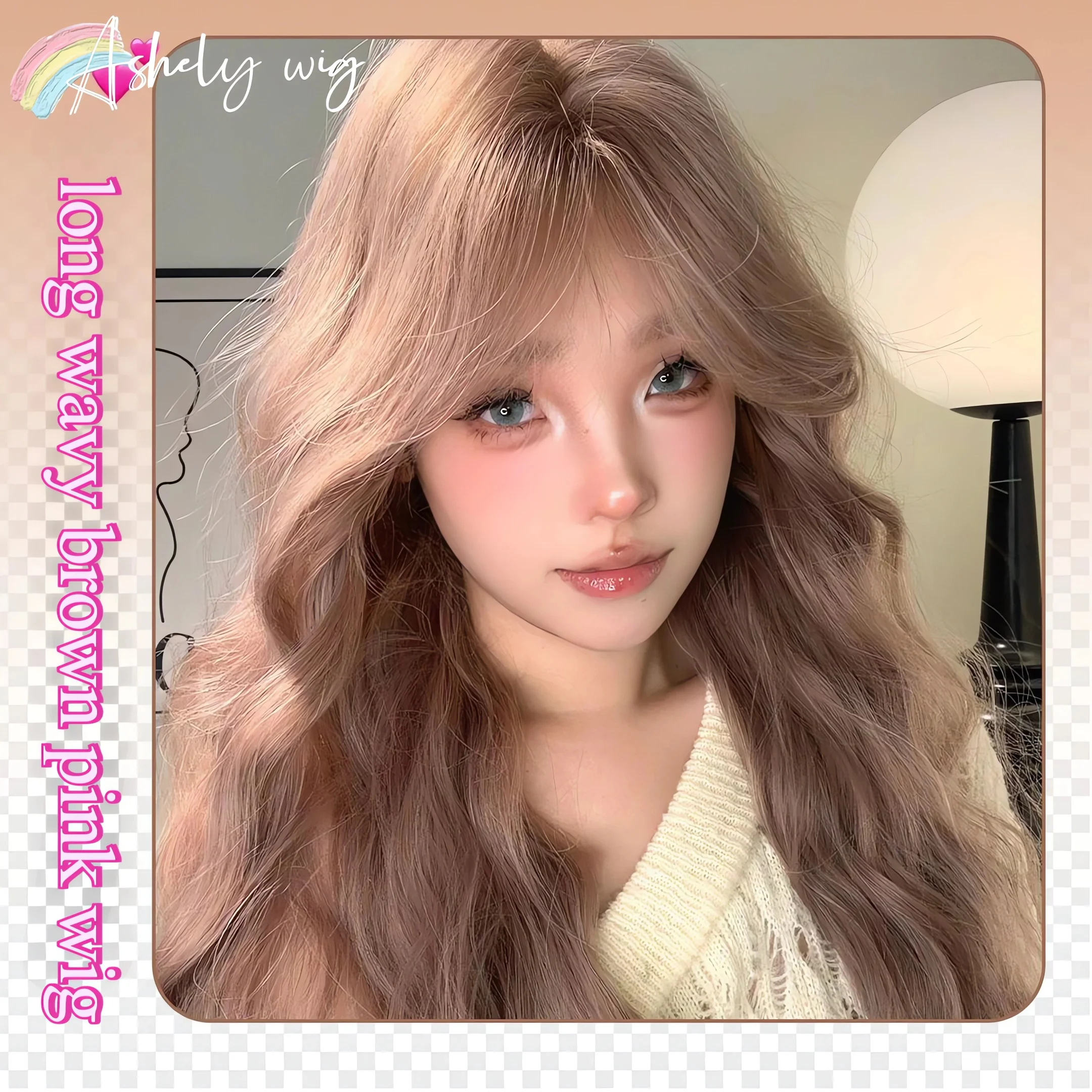 Pink Brown Wig Long Wavy Wigs Fujiwara Mozi Rose Whispering Net Red Sweet Atmosphere Feeling Wig Female Synthetic Headband Wigs