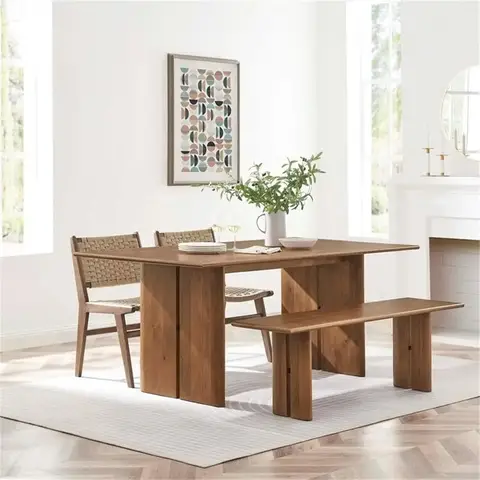 Solid Wood Modern Farmhouse Rectangular Dining Table and Bench Set in Walnut