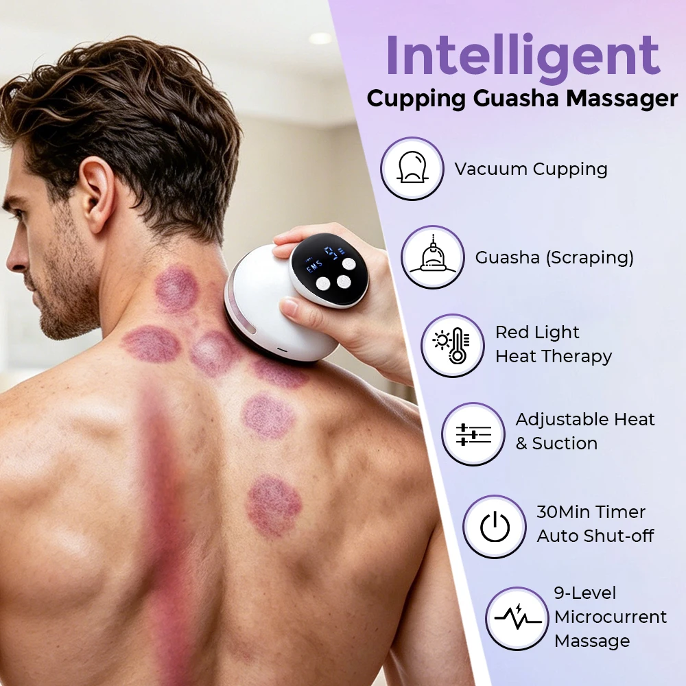 Electric Cupping Massager 4 in 1 Microcurrent Red Light Heat Gua Sha Tool 9 Levels for Back Shoulder Portable