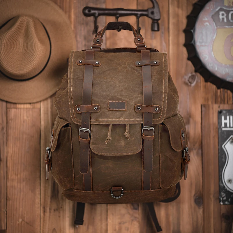 vintage canvas leather waterproof backpack travel mochila vintage masculina Rucksack men backpack waxed canvas Laptop Bagpack