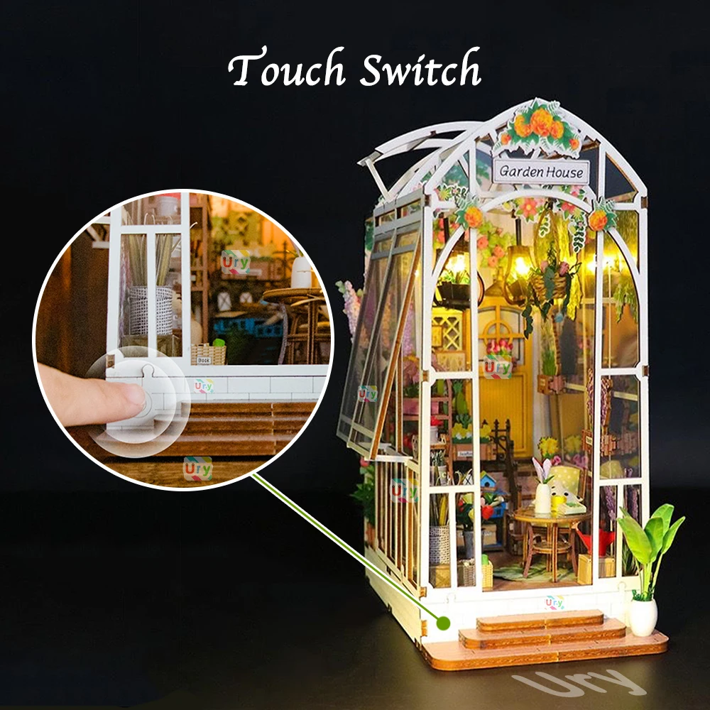 3D Wooden Miniature Greenhouse Book Nook with LED Lighting 3