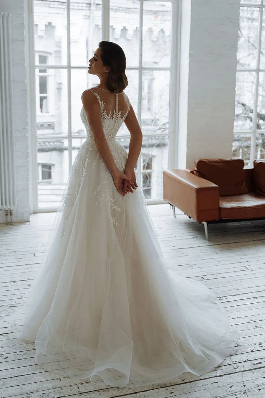 Flavinke, falda de tul sin mangas personalizada, cuello redondo, vestido de novia de encaje, ilusión, exquisitos vestidos de novia para mujer, vestidos de novia