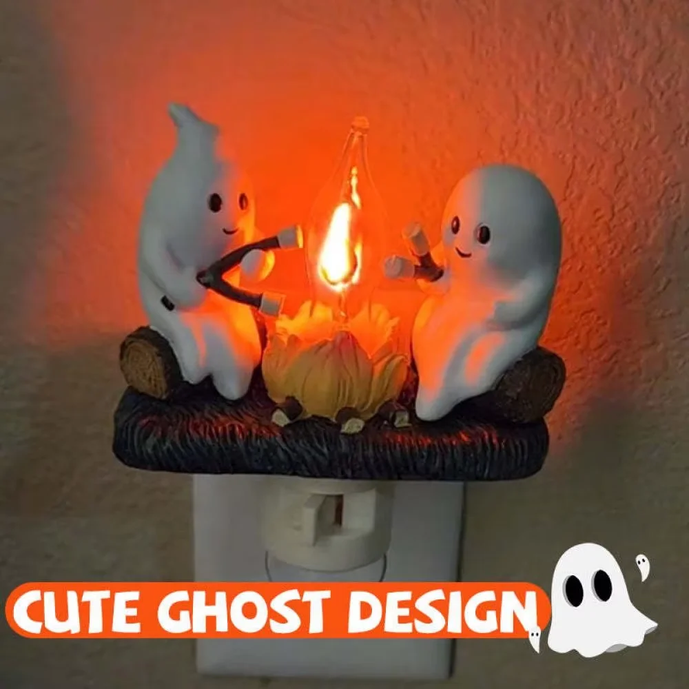Halloween Bonfire Flickering Night Light Plug Warm Halloween Ghost LED Small Lamp Decor Lights Lamps Bedroom For Living Gifts