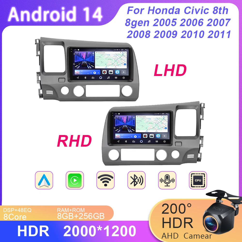 

For Honda Civic 8th 8gen 2005 2006 2007 2008 2009 2010 2011 Android 14 Car radio GPS Navigation Multimedia Video Player WIFI