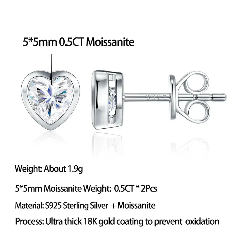 Pretty Beauty Moissanite Heart Cut Stud Earrings for Women S925 Silver Bezel Set Diamond Earrings Dainty Jewelry Birthday Gift