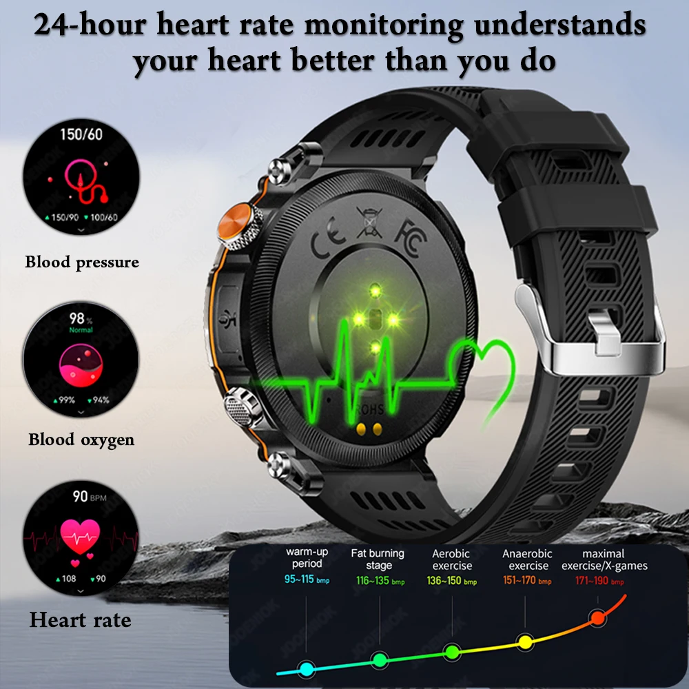 5ATM Waterproof Smart Watch Men 600mAh Outdoor SmartWatch GPS Compass Heart rate LED Flashlight Bluetooth Call Sports Smartwatch