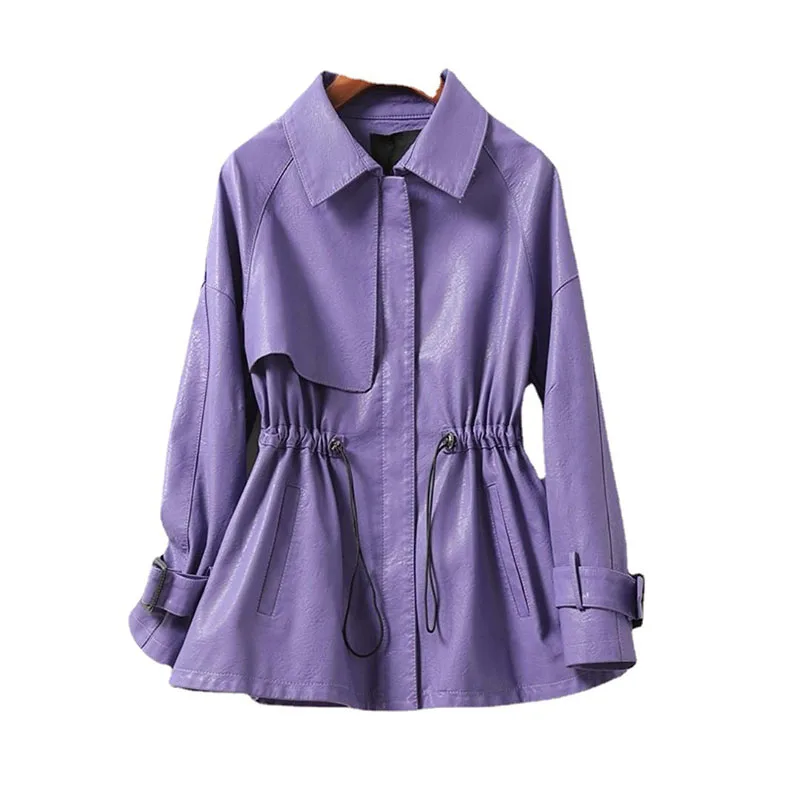 Trench in pelle di pecora per donna Cintura con lacci Capispalla in pelle crosta 2024 Colletto alla coreana Giacca da donna in pelle di agnello da donna