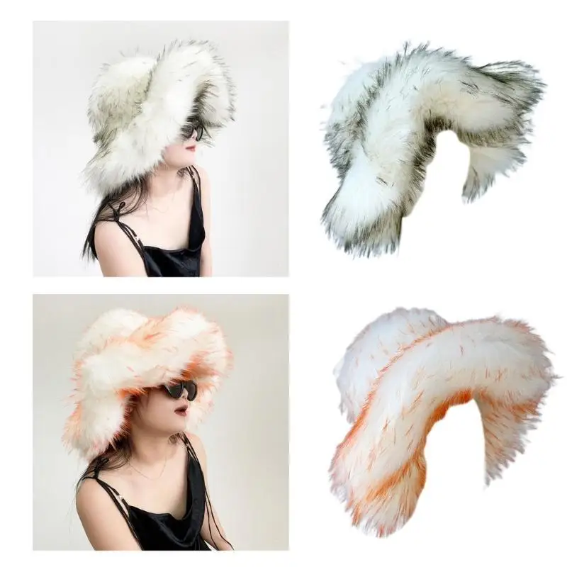 39bd Ladies Plush Faux Furs Thiết kế ngư dân Mũ rộng vành mũ giữ mũ ấm