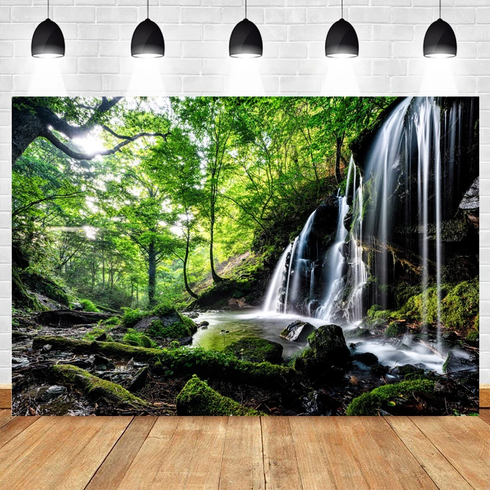 ฉากหลังสำหรับถ่ายภาพน้ำตกภูเขาฤดูใบไม้ผลิฤดูร้อนแม่น้ำทะเลสาบป่าธรรมชาติ