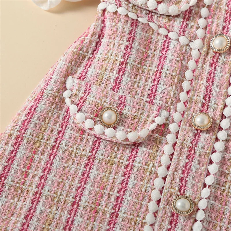 Bear Leader Children Clothing Korean Style Tweed Plaid Pearl Button Small Fur Ball Decoration Fragrant Style Bubble Sleeve Dress