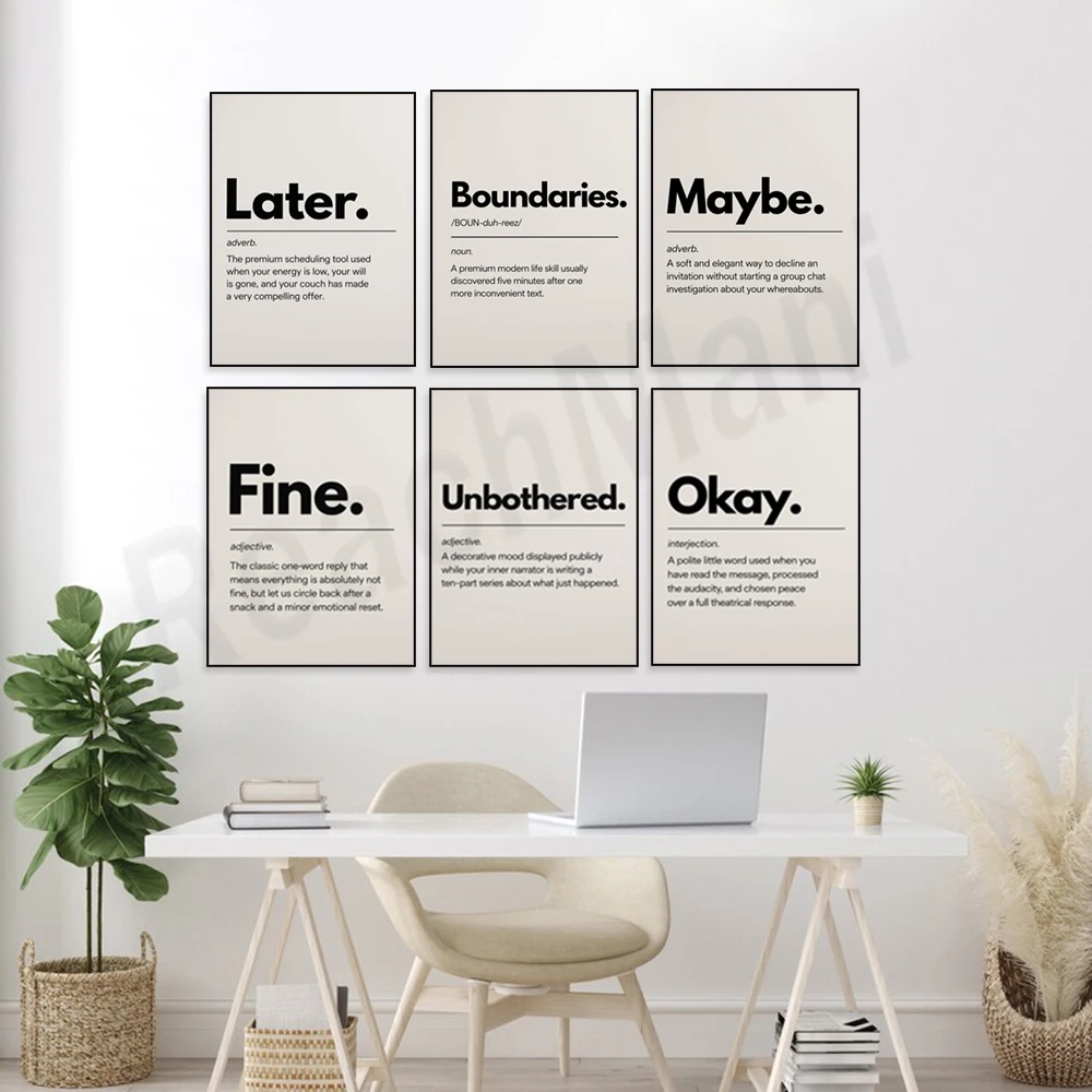 Fun printed text: “Very good,” “Tomorrow,” “Not bad” define minimalism, inspirational quotes, and office decor posters.