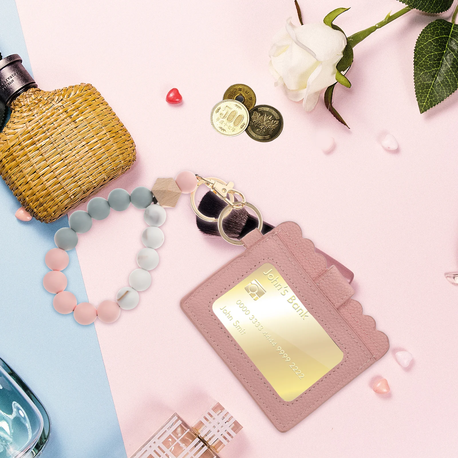 

Bracelet Cards Holder Keychain Wooden Beads Design with Id Card Pouch Portable Compact Lightweight Smooth for Daily Use and Gift