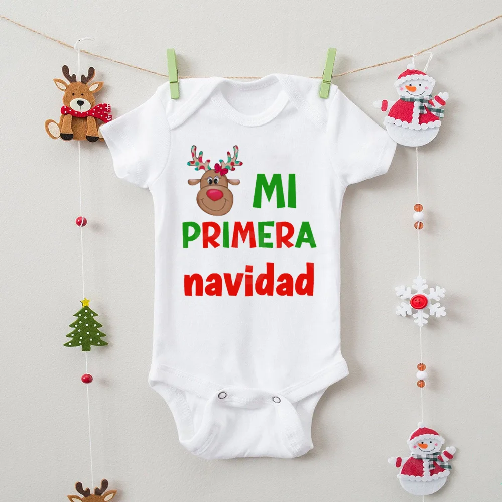 My First Christmas Spanish Printed Newborn Bodysuit Infant Baptism Outfits Baby Short Sleeve Romper Toddler Xmas Party Clothes