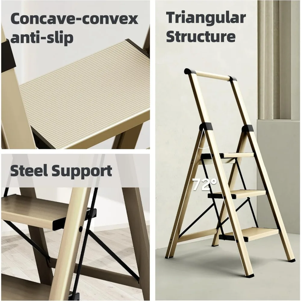 سلم ألومنيوم قابل للطي بثلاث خطوات مع مقبض يدوي، معالجات مضادة للانزلاق، سعة 330 رطل، خفيف الوزن ومحمول للاستخدام المنزلي