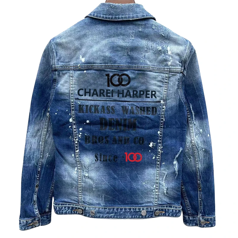 100 CHAREI HARPER 1902 Autumn/Winter fashion men's denim coat jacket Ripped patch paint point long sleeve denim coat trend