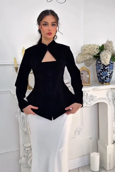 시크한 벨벳 슬림 셔츠 여성 하프 하이 칼라 긴팔 허리 조임 크롭 탑 2026 봄 여성 출근 셔츠