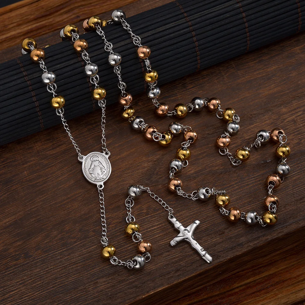 3/4/6mm Stainless Steel Religious Rosary Beads Necklace Saint Benedict Virgin Mary Christian Cross Pendants Faith Prayer Jewelry