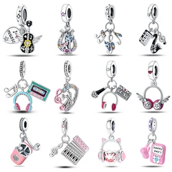Fit 3mm 925 Original Bracelets 925 Silver Color Headphones Harp Guitar Saxophone Music Charms Beads Fine DIY Jewelry Gifts