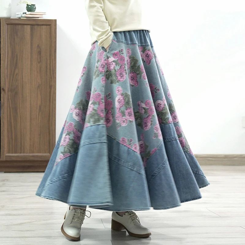 25 New Arrival Women All-matched Casual High Waist Floral Print A-line Skirt High-quality Cotton Denim Ankle-length Skirts Y190