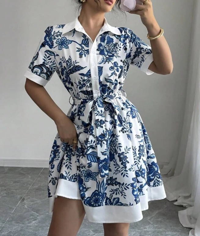 

Summer Simple and Fashionable Waist Cinching Printed Short Sleeved Women's Dress with Lapel Flower Print Button Tie A-Line Dress
