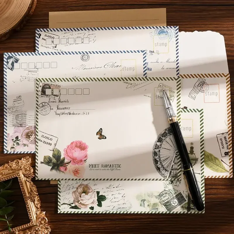 Sobres florales europeos para cartas, Sobres de papel Retro para tarjetas de invitación de fiesta de boda DIY, cubierta de papelería coreana, 8 piezas por juego