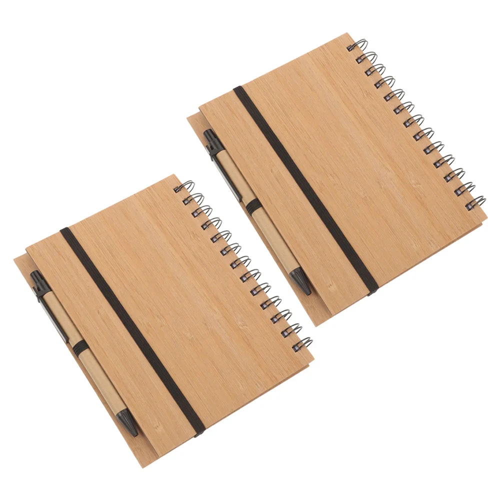 2 Sets Bamboo Notebook Spiral Office Notepad Multi-function Journal Daily Use Pads Work Notebooks