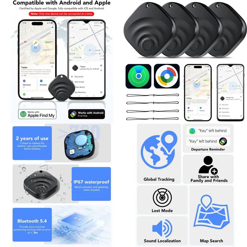 

Набор из 4 Bluetooth-трекеров с двойной системой работы для отслеживания ключей, кошельков и транспортных средств на устройствах iOS и Android