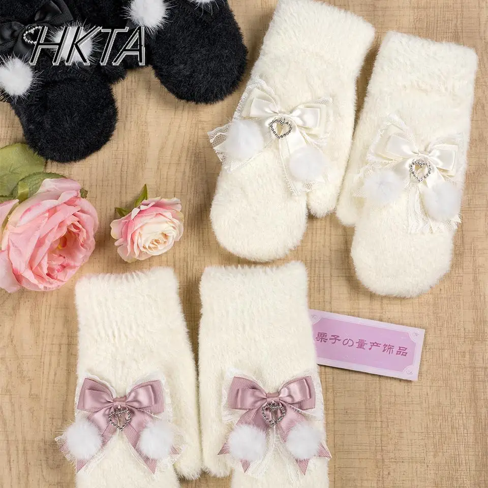 Japanese Mink Plush Thickened Bow Gloves Winter New Cute School Girl Warm Knitted Wool Glove Lolita Kawaii Fingerless Gloves