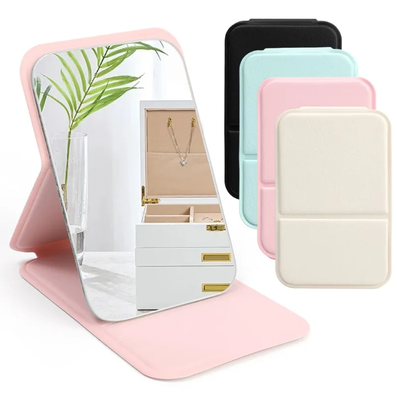 Desktop Makeup Mirror Solid Color PU Leather Simple Portable Handheld Makeup Mirror Foldable Student Compact Cute Pocket Mirror