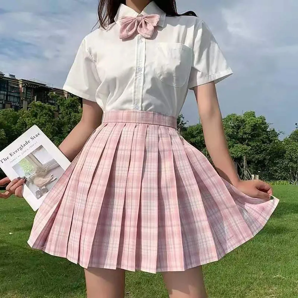 Harajuku نمط Preppy الحلو Kawaii مطوي منقوشة تنورة الكورية Jk موحدة عالية الخصر مصغرة ألف خط التنانير الإناث زي مدرسي