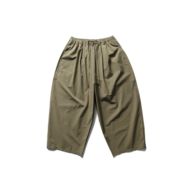 MWJLPWQ Trend Japanese Retro Loose Cropped Pants Men's Solid Color Drawstring Casual Wide-Leg Straight Work Trousers 20665