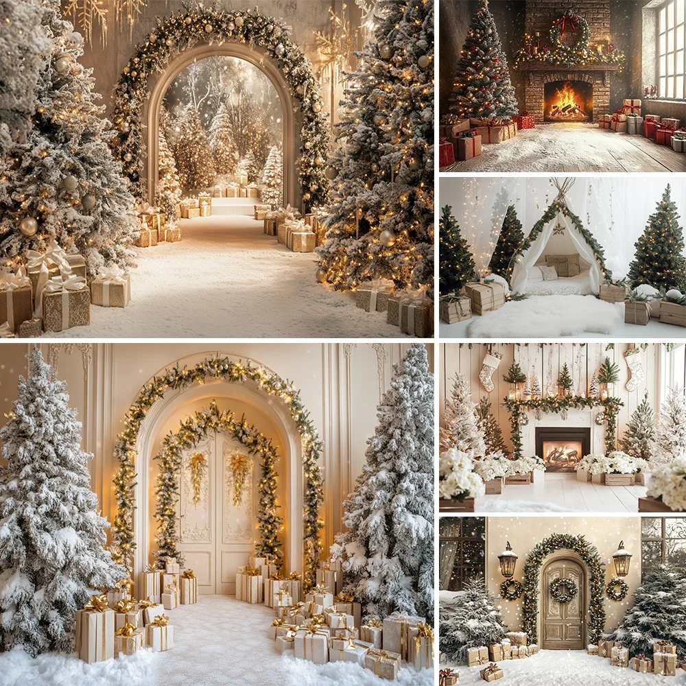 

Winter Christmas Photography Background Xmas Tree Arch Door Snow Holiday Decora Adult Kid Portrait Photo Backdrop Studio Props