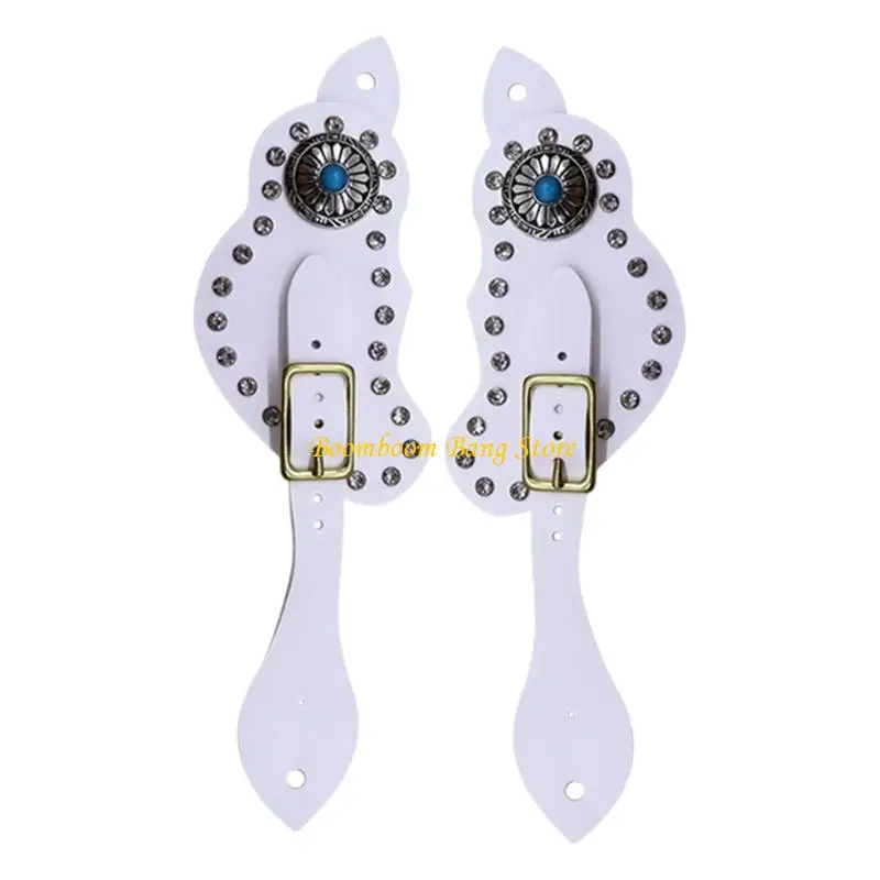 270C Pair of PU Leather Spur Straps for Equine Boot, with Adjustable Metal Pin Closures, Sparkling Trim, and Hardware
