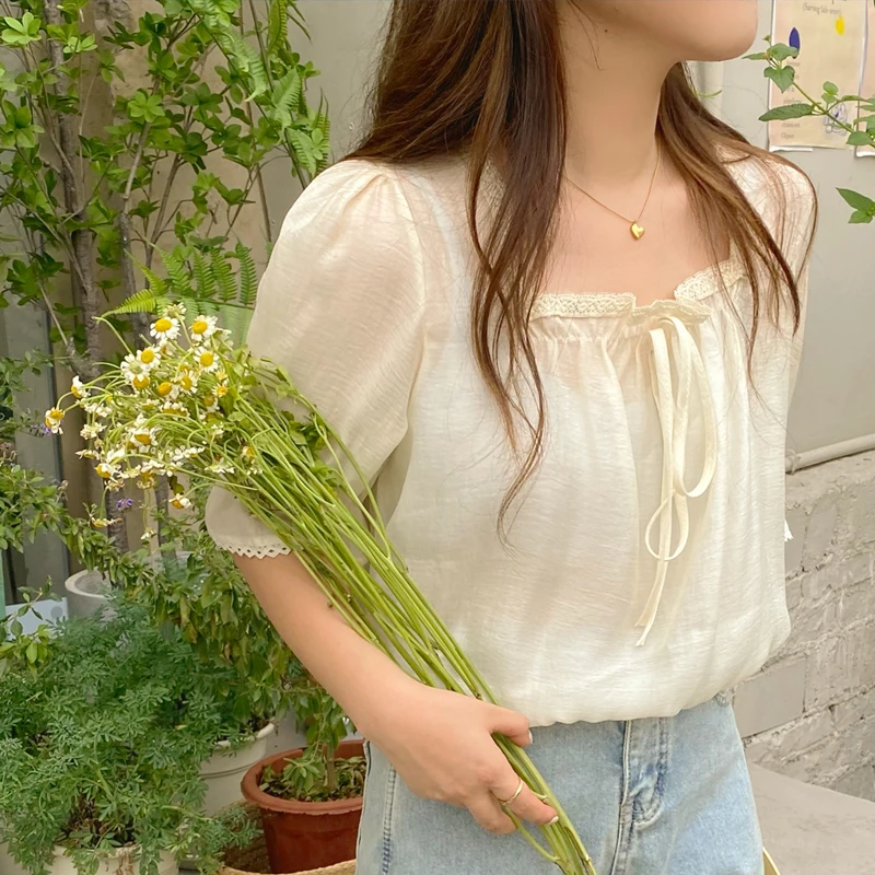 Sweet Fre Summer irt Colletto quadrato con cintura con finiture floreali da donna ort Sve Coreano Sle Loose Fit Casual Busin Wear