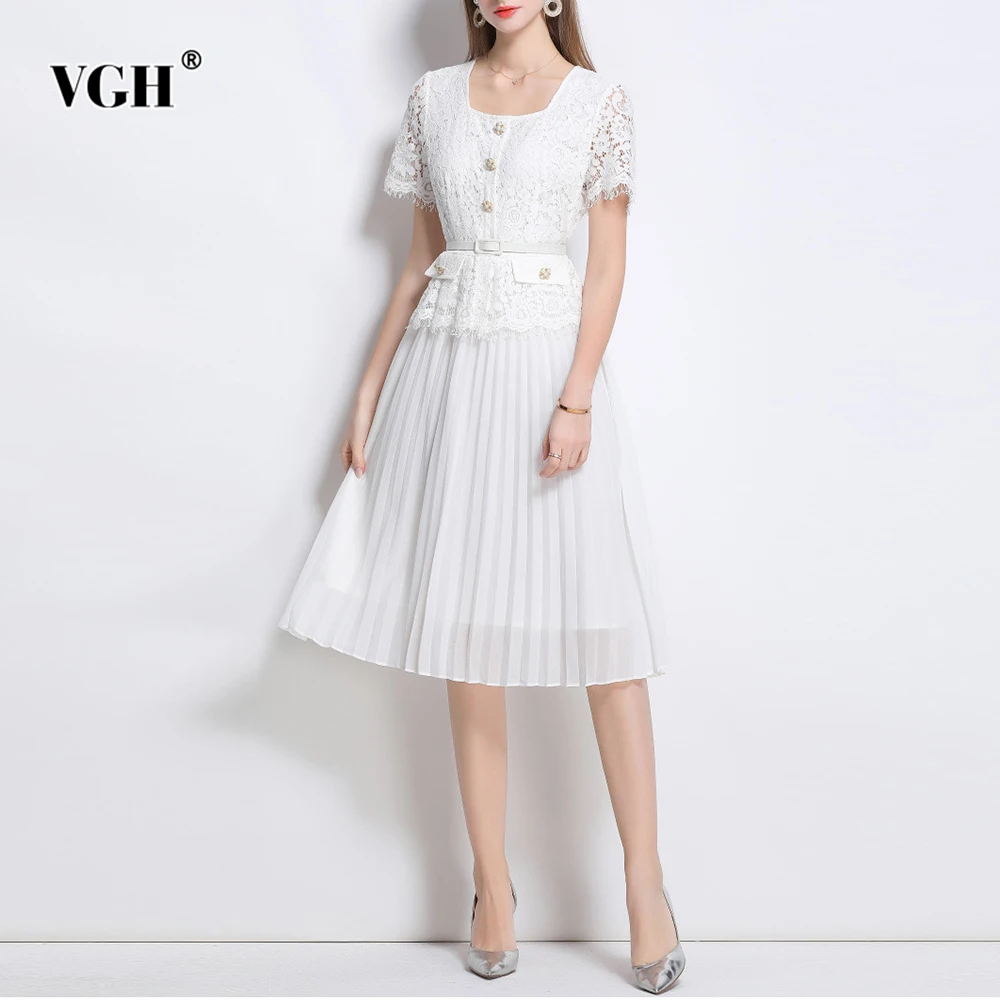 

VGH Elegant Slimming Lace Solid Dresses For Women Square Collar Short Sleeve High Waist Temperament Dress Female Fashion Style