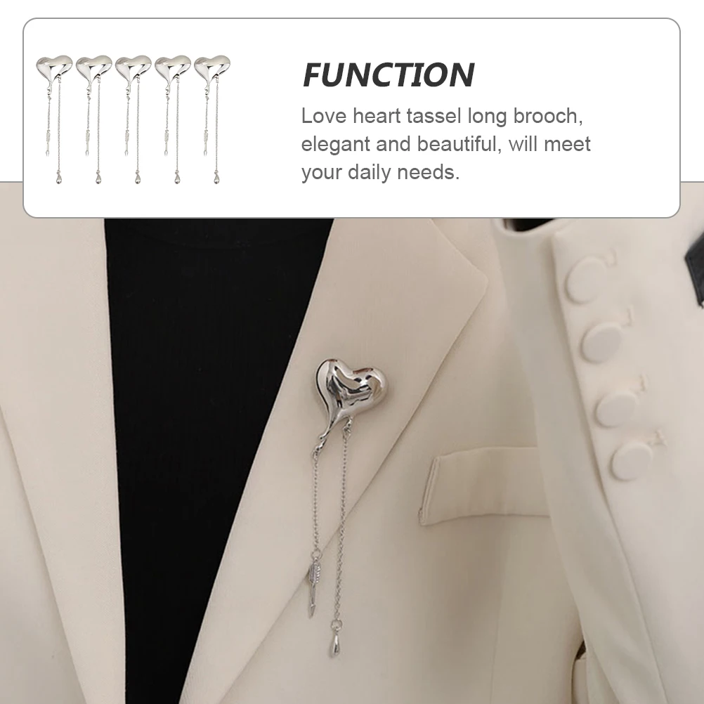 

5Pcs Love Heart Brooch Unique Tassel Long Pins Decorative Suit Corsage Badge Elegant Women Suit Jewelry for Dress Sweater