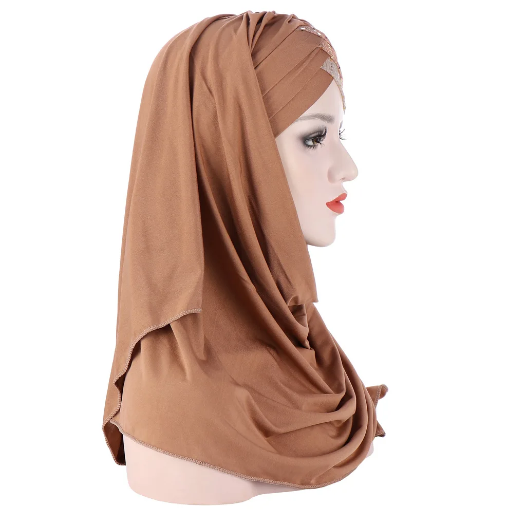 Forehead Sequins Instant Hijab Solid Color Soft Smooth Stretchy Pullover Head Wrap Casual Sunscreen Turban