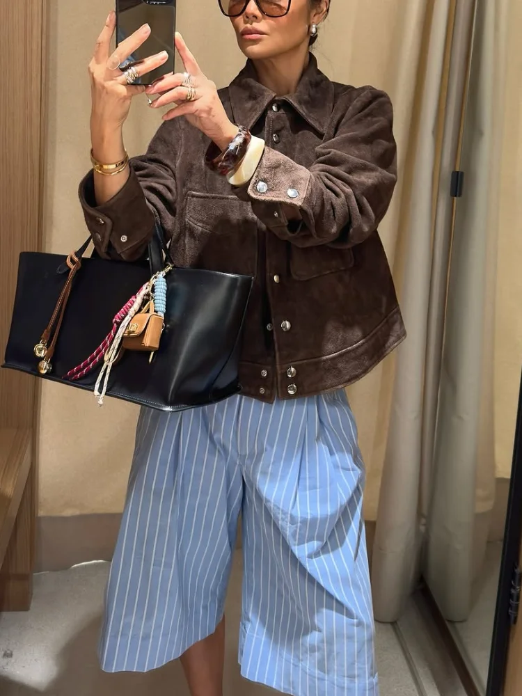 

Brown Flip Collar Suede Jacket Women Casual Single Breasted Buckle Slim Cropped Coat Lady Autumn New Highstreet Office Wear