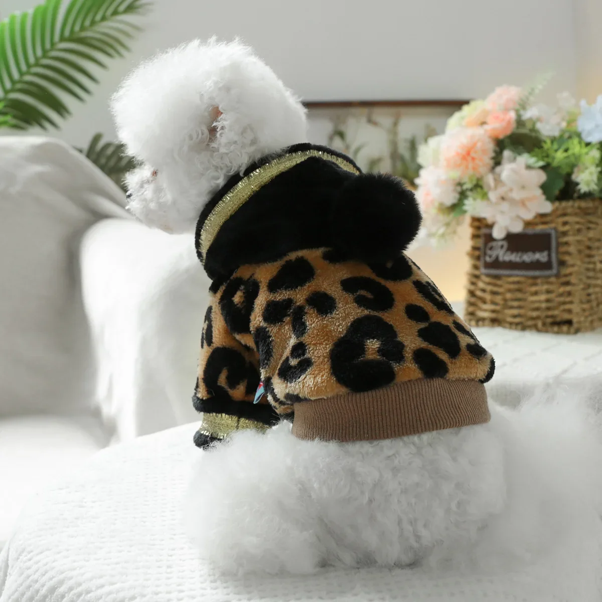 Pet Autumn and Winter Hooded Ball Hoodie Cat Clothing Leopard Print Flannel Hoodie Dog Outdoor Warm Coat Designer Dog Clothes