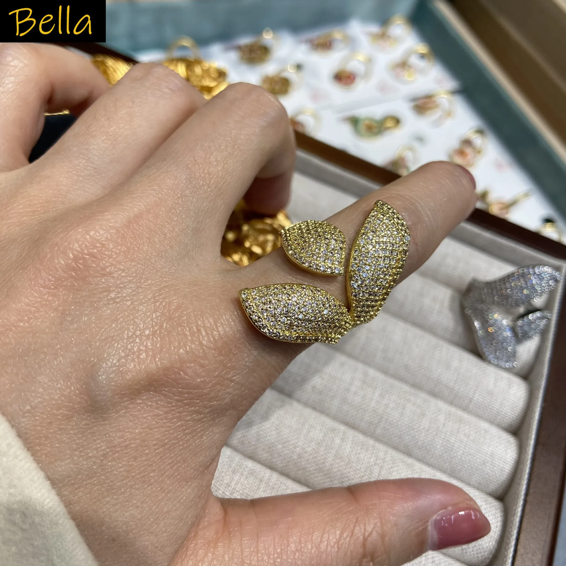 

large leaf open ring for women silver gold color zirconia luxury jewelry dinner party daily wear