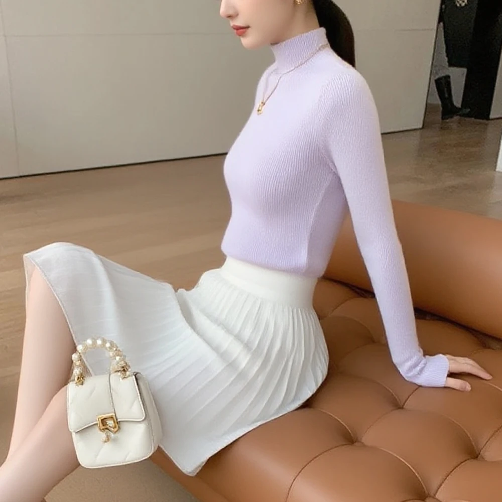 

High Collar Long Sleeved Top Winter Clothes Women Clothing White Black Purple Red Knit Shirts Woman S-XL Slim Pullover Sweater