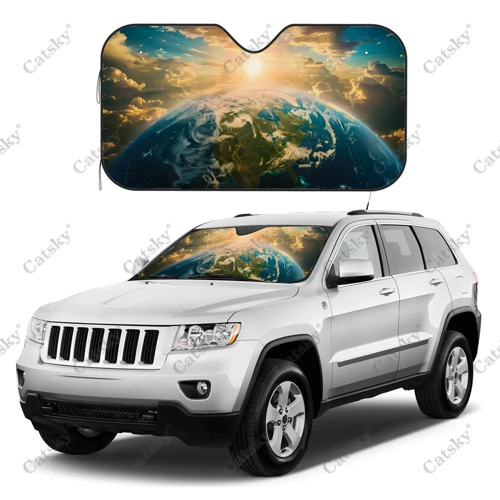 Earth Space Sun Rising Car Windshield Sunshade, Front Auto Car Windshield Sun Shade Blocks Uv Rays Sun Visor Protector