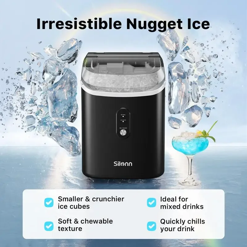 Silonn Nugget Ice Maker Countertop, Sonic for Home Kitchen Office - Chewable Pellet Ice Machine with Self-Cleaning Function